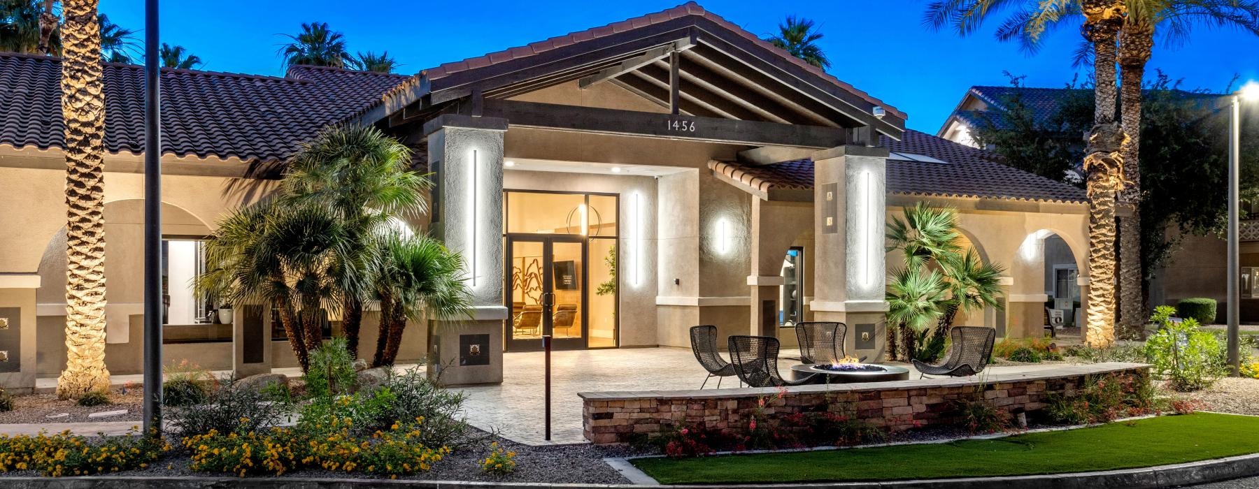 exterior of apartment clubhouse at night